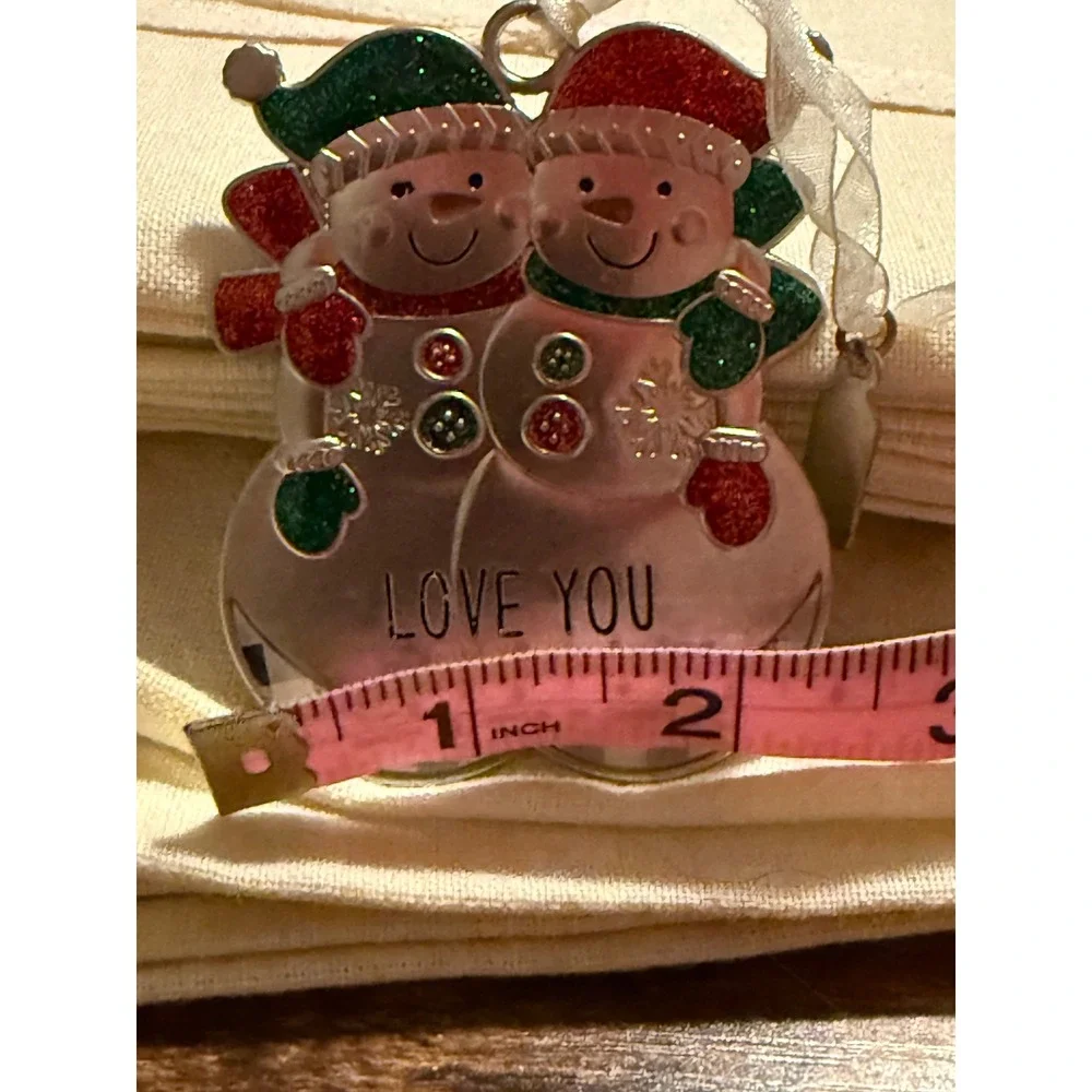 2020 Love You Snowman Couple Christmas Ornament Silver Tone Glitter Plaid Tag